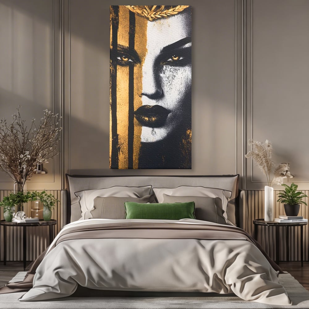 Tablou canvas cu tablou canvas cu portret feminin si foita de aur, fara rama, pe sasiu de lemn, pe perete intr-un dormitor